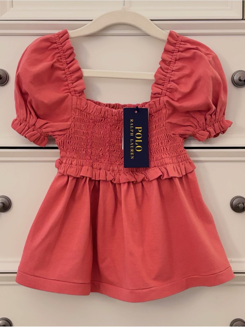 NWT Polo Ralph Lauren Toddler Girl Coral Smocked Top Bubble Sleeves Size 4/4T
